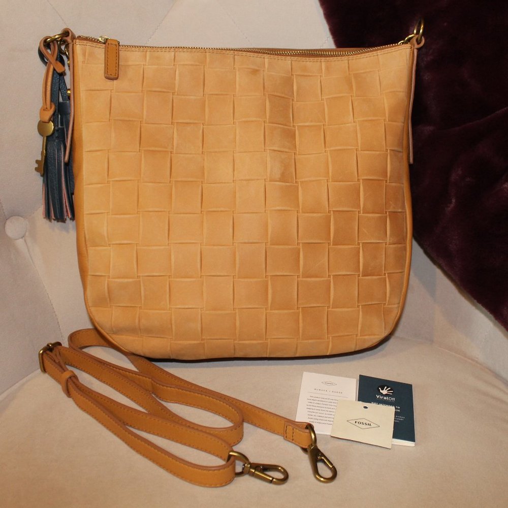 Fossil Jolie Woven Leather Hobo Convertible bag EUC with Care Cards